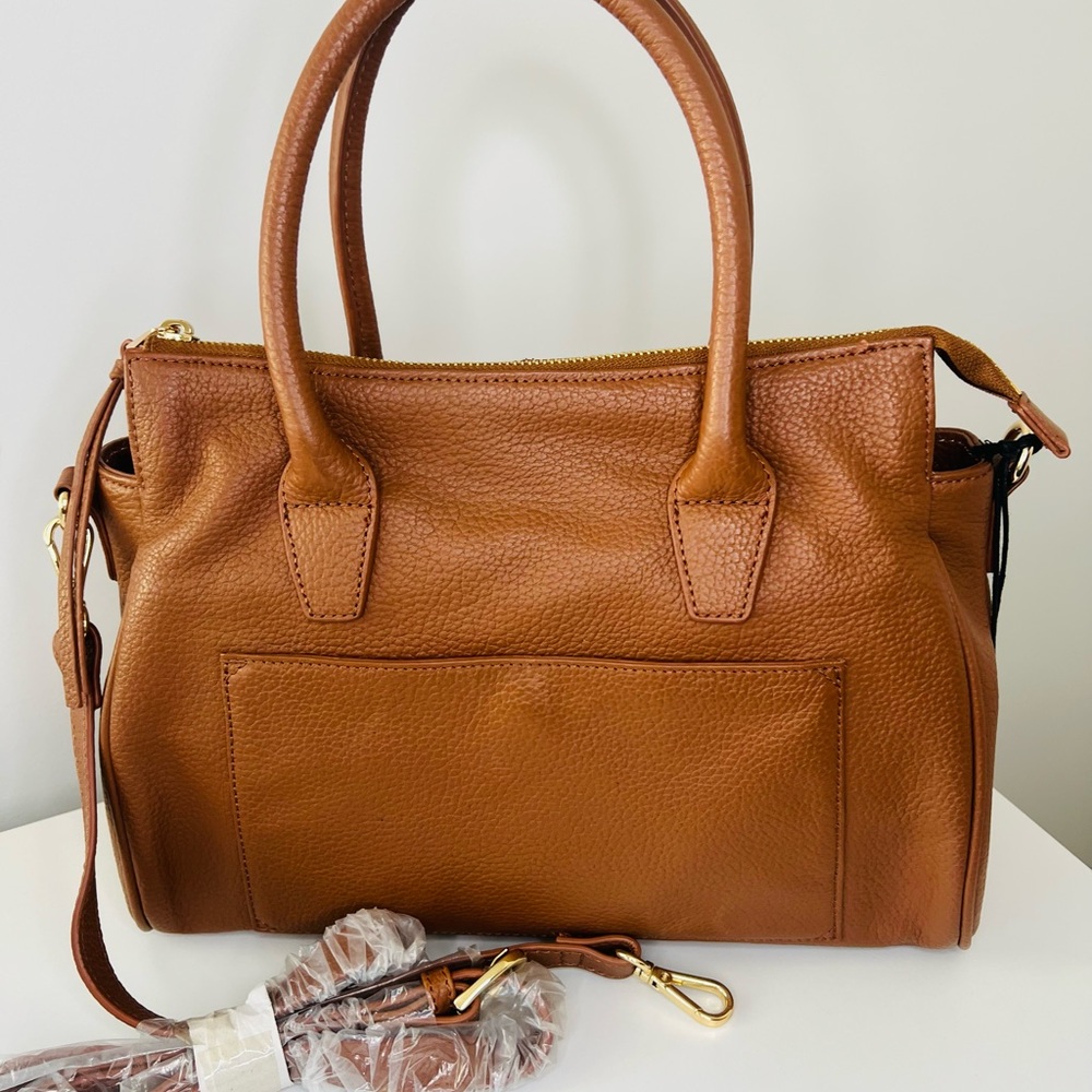 Brown Leather Satchel with Detachable Strap and Gold Hardware